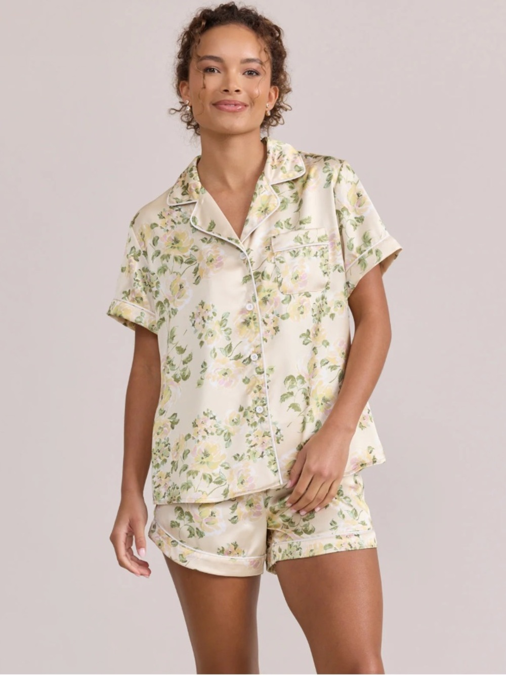 Sleepover Short Sleeve Satin Floral Print Top